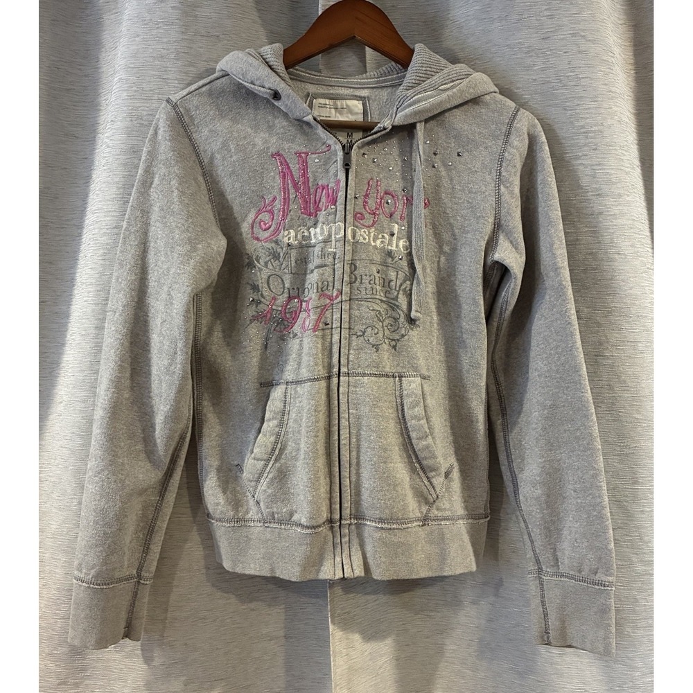 Y2K Vintage Aeropostale 1987 New York Zip up Hoodie Sweatshirt Gray Women Medium